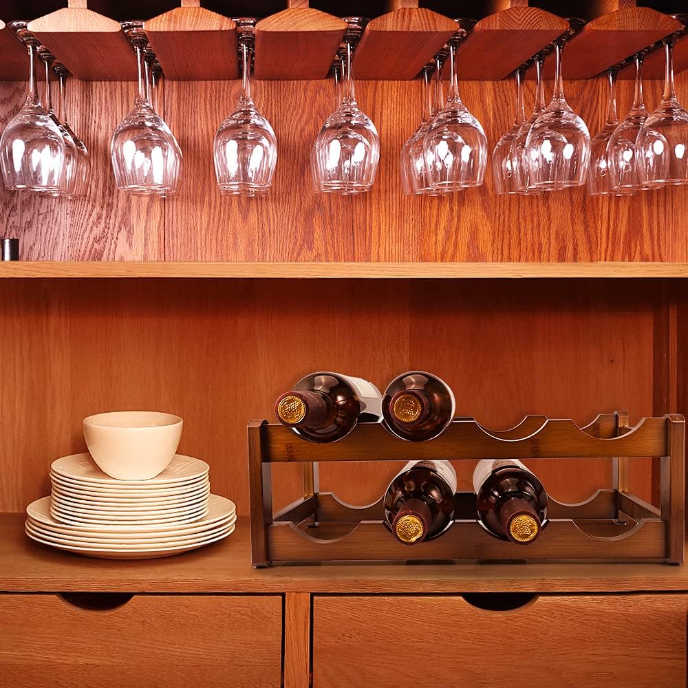 2-Tiers Wine Rack, 8-Bottles Bamboo Wine Stand Holder Wine Rack Countertop for Pantry, Kitchen, Bars, Wine Cellar — view 3